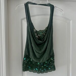 Chic Green Lace Sequin Halter Top